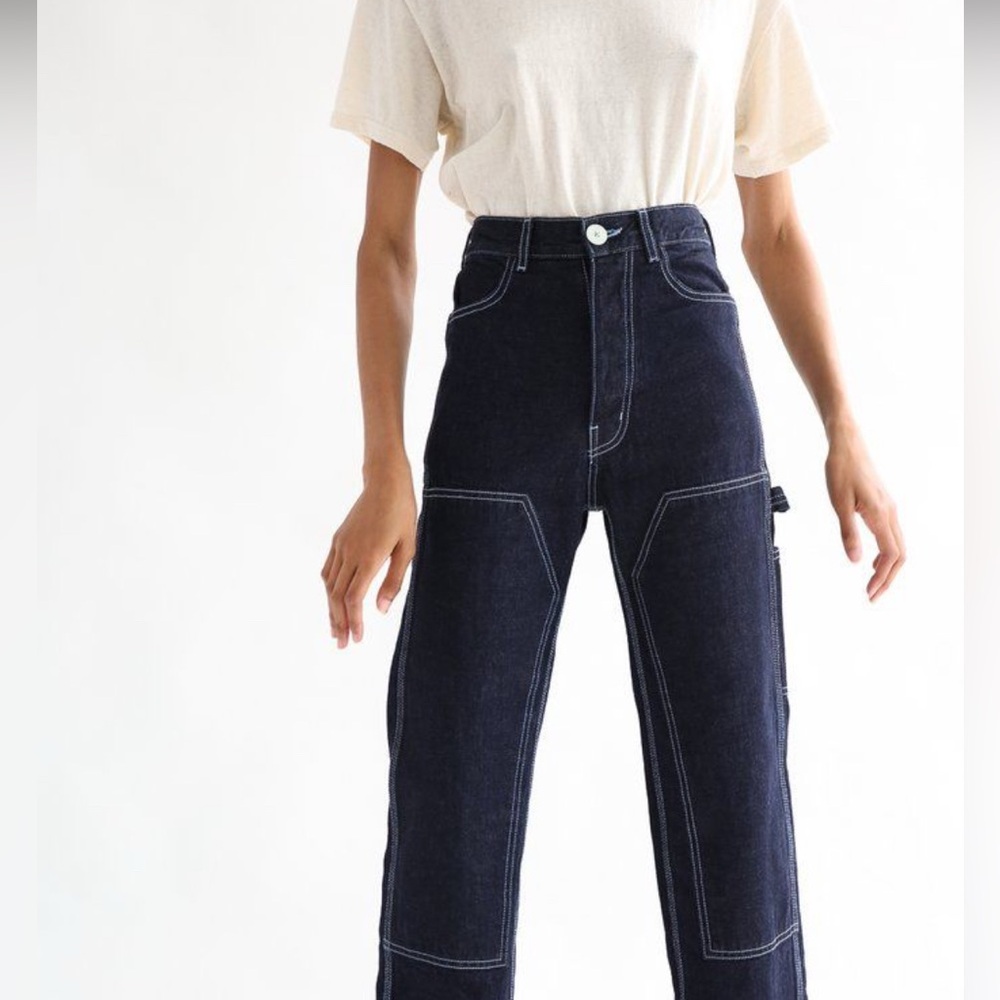 Jesse Kamm Dark Indigo Denim Gold Stitch Patchfront Handy pants
